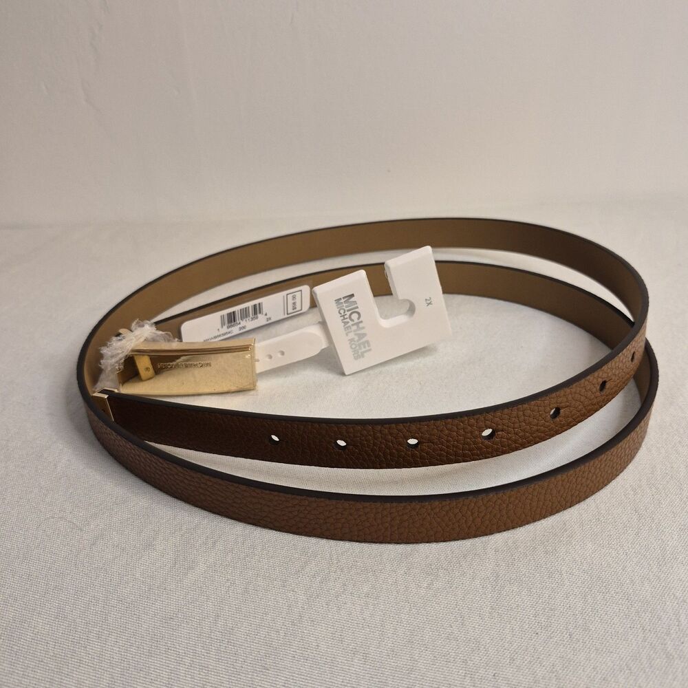 Michael Kors Womens Skinny Leather Belt Size 2X Brown Gold